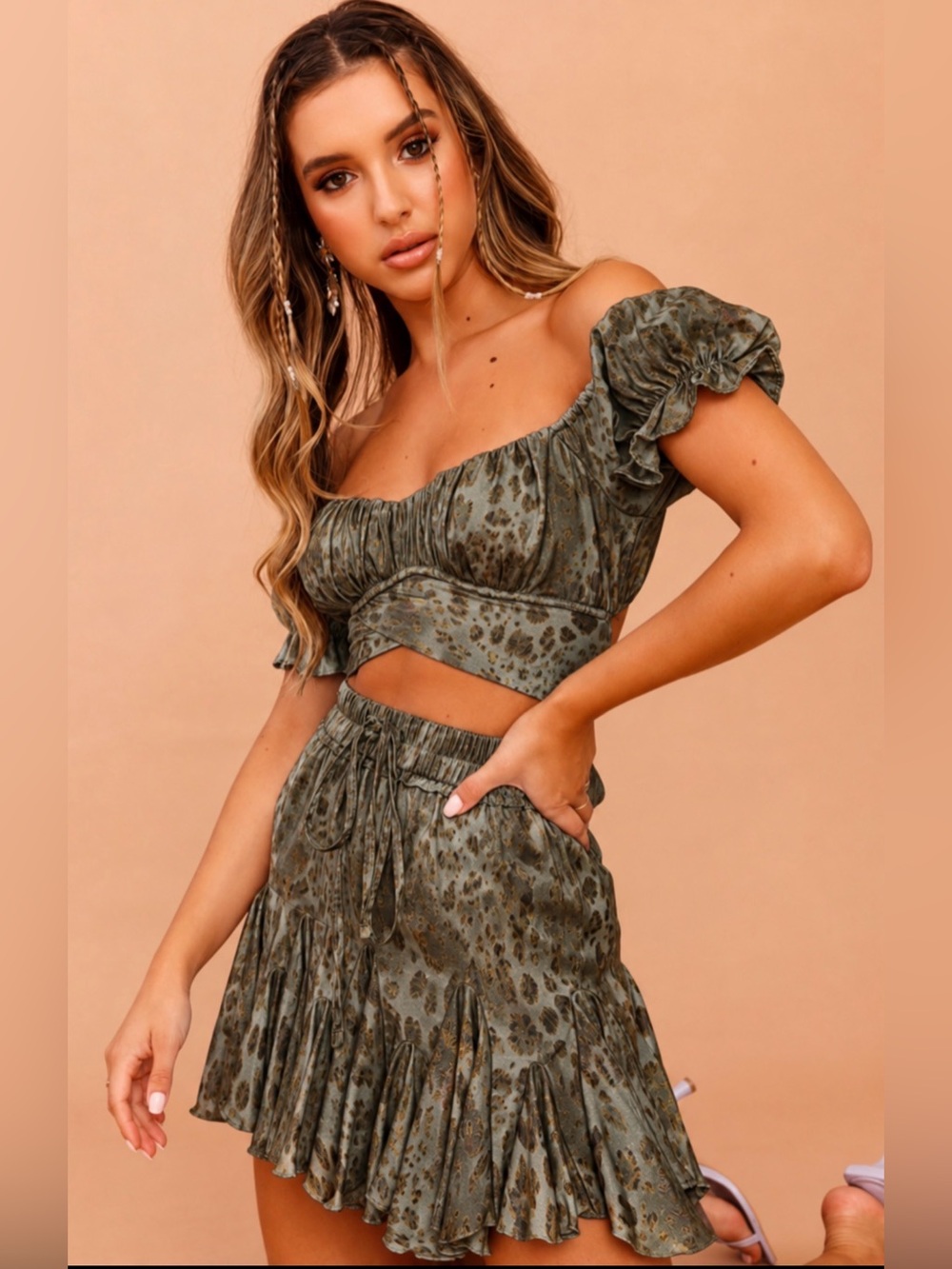 2 piece Satin Sage Green Animal Print Tie-Front Crop Top & Skirt